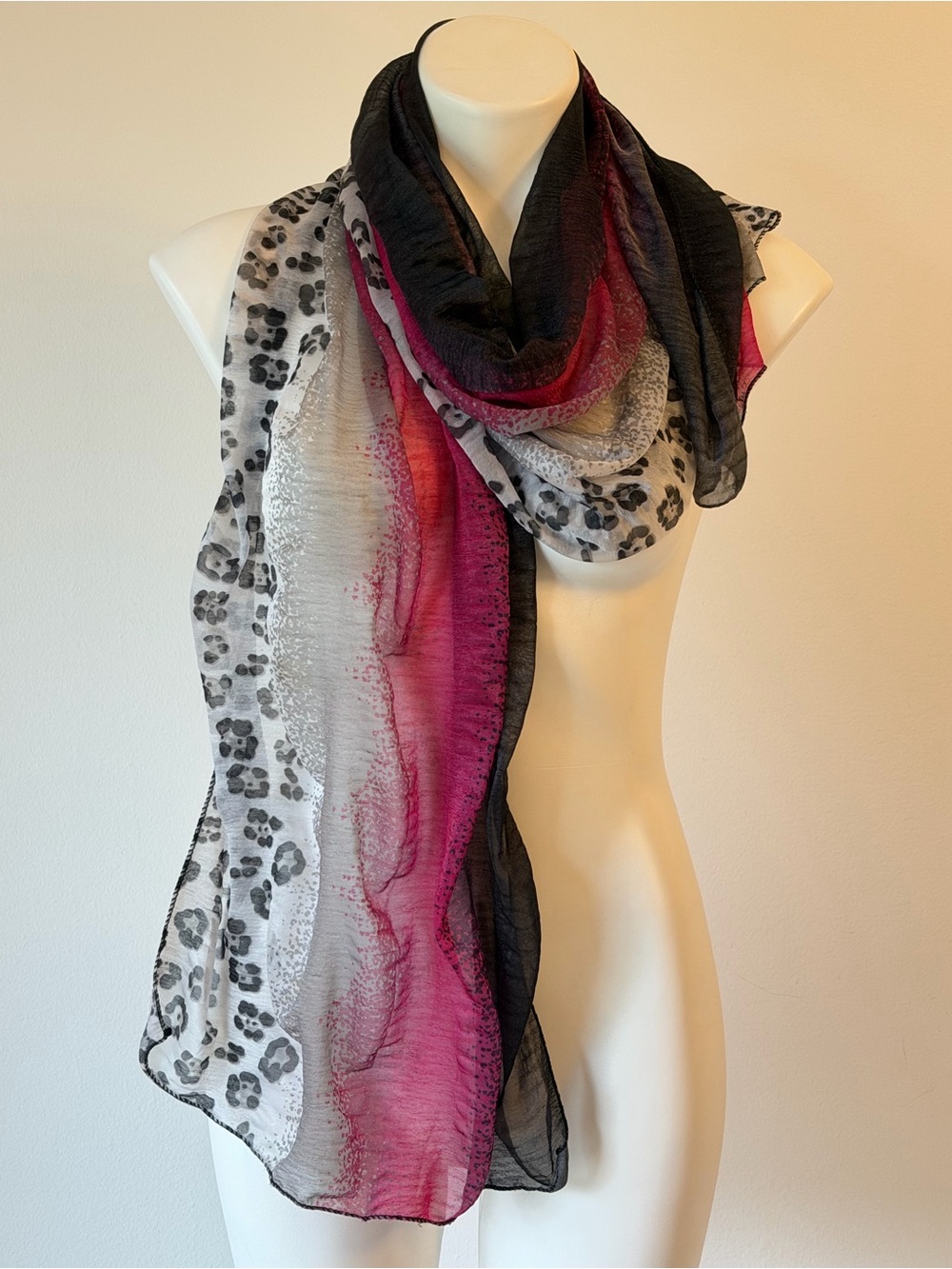 Lightweight Black, Pink & Grey Ombre Leopard Print Scarf